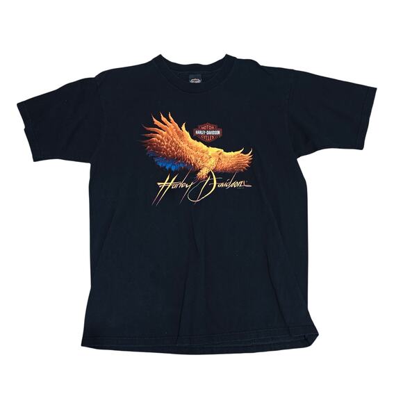Vintage 90s Harley Davidson Flame Wing Eagle Graphic T Shirt Black